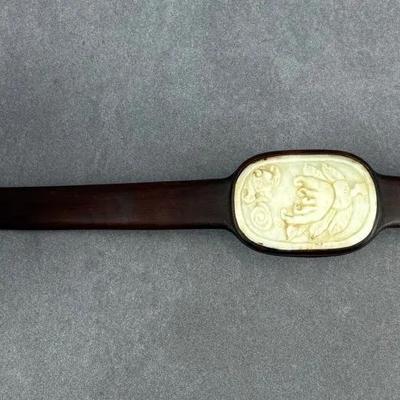Chinese Antique Jade Plaque Bat Hardwood Ruyi Scepter