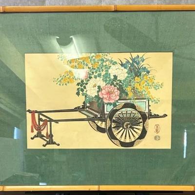 Vintage Signed Japanese Framed Wood Block Print Of Flower Cart In Spring