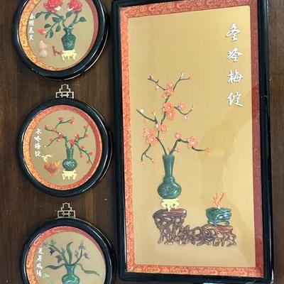 Taiwanese Shadow Box Pictures with Faux Jade and Coral Flowers