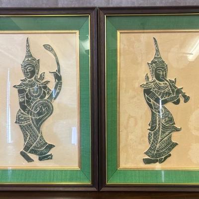 Pair Of Two Green Thai Temple Rubbings 