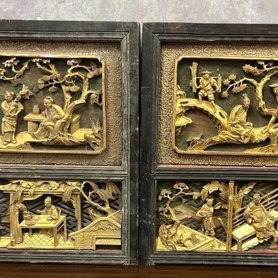 Two Chinese Carved Gilt Wood Panels 