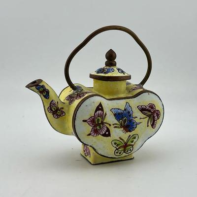 Empress Arts enameled brass miniature teapot with butterfly motifs