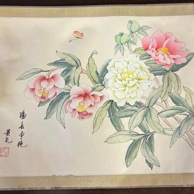 Vintage Asian Watercolor on Silk Paper, Blooming Peony Flower