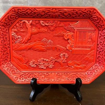 Vintage Taiwanese Cinnabar Lacquer Tray Plate w Stand