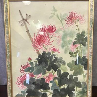 Framed Signed Floral & Dragonfly Painting 