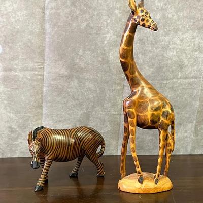 African Wooden Giraffe & Zebra Carved Figures