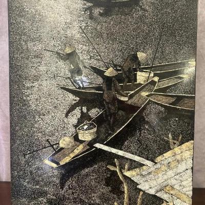 Southeast Asian Dock Scene Lacquered Board Wall Hanging