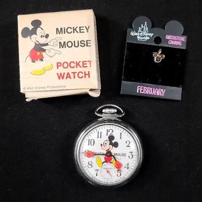 Walt Disney Mickey Mouse Pocket Watch With Birthstone Charm