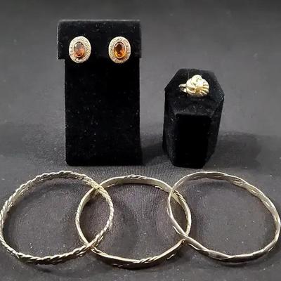 Gold Tone Sterling Bracelets, Earrings And Ring 