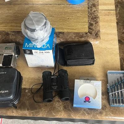 EHE422 - Assorted Camera Accessories, Binoculars, Mini Screwdriver Set