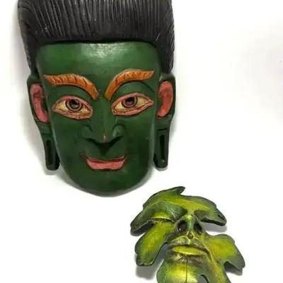 EHE039 - Multi lot of Green wood carved historical masks & clay leaf mask 