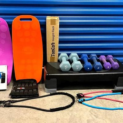 EHE084 Gym Equipment, Weights, Simply Fit Boards, Resistance Bands, Jump Rope, & Step 