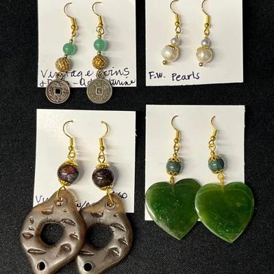 EHE156 - Myrna Lee Chang Jade, Fresh Water Pearl, Adventurine, & Lucite Earrings