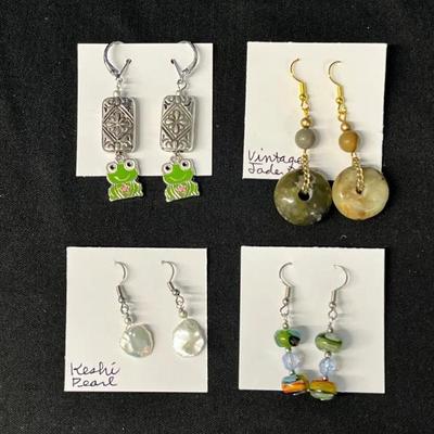 EHE159 - Myrna Lee Chang Jade, Keshi Pearl, Frog Dangle & Handmade Glass Earrings