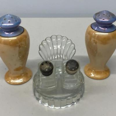 EHE322 - Vintage Lusterware & Clear Pressed Glass Salt & Pepper Shakers w/Tray Sets