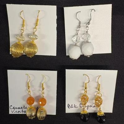 EHE155 Myrna Lee Chang Carnelian Vintage Bead, Black Crystal, White Onyx, Vintage Bead Earrings