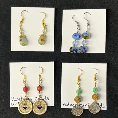 EHE168 - Myrna Lee Chang Adventurine, Red Coral, & Handmade Glass Bead Earrings Four Pairs