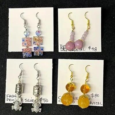 EHE130 - Four Pairs of ML Chang Carved Carnelian, Agate, Hand Made Glass, & Frog Beaded Earrings 