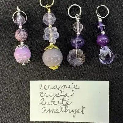 EHE102 - Myrna Lee Chang Ceramic Crystal Lucite Amethyst Pendants 