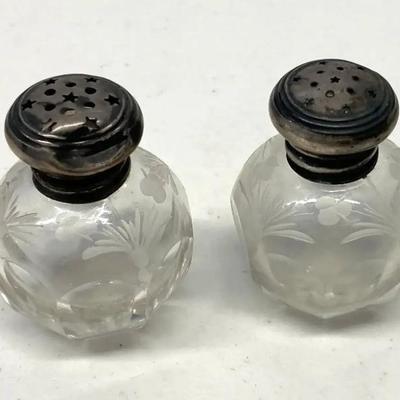 EHE320 - Pair of Collectible Antique Etched Glass Salt & Pepper Shakers 