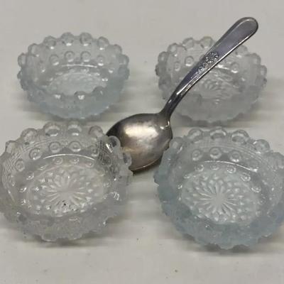 EHE321 - Set of Four Antique Open Top Cut Crystal Salt & Pepper Bowls with Spoon