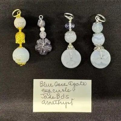 EHE103 - Myrna Lee Chang Blue Lace Agate Jade Beads Amethyst Pendants 