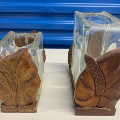 EHE305 - Rare Pair of Beautiful Vintage Hawaiian Glass Etched Blocks with Wood Bases by Frank Oda?