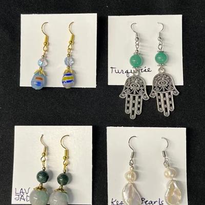 EHE165 - Myrna Lee Chang Lavender Jade, Keshi Pearl, Prayer Hands & Handmade Glass Earrings