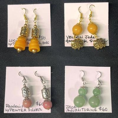 EHE128 - Myrna Lee Chang Jade, Yellow Jade, Lucite Amber, & Rhodanite Beaded Earrings 