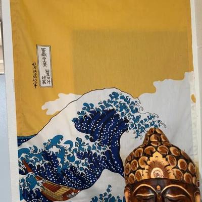 EHE025 Wooden Buddha Face with Great Wave Scroll