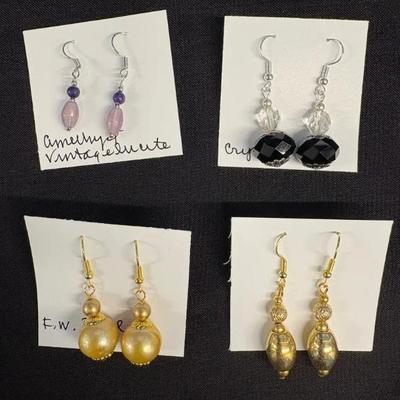 EHE160 Myrna Lee Chang Amethyst Vintage Lucite, Black Crystal, FW Pearl, Vintage Bead Earrings.