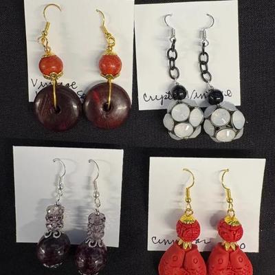 EHE185 Myrna Lee Chang Crystal, Wood And Sea Bamboo, Cinnabar, Agate Crystal Earrings