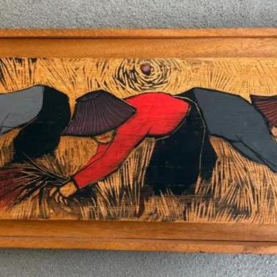 EHE045 Hand Carved Wooden Painting Of Farmers 