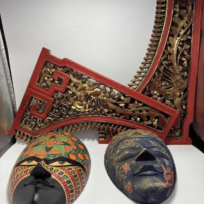 EHE031 - Multi lot of Wood carved Bali Batik Masks & Chinese door head art piece 