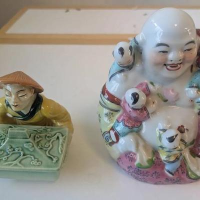 EHE065- Porcelain Buddha And Chinese Box Statue. 