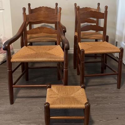 Four Rush Seat, Vintage Dining Chairs, And Stool