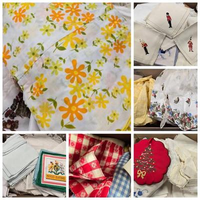Household Linens Mystery Lot, Tablecloths, Aprons, Napkins, Embroidery 