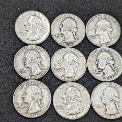 9 Silver Washington Quarters 