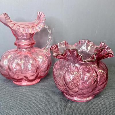 Vintage Fenton Cranberry Melon Vase And Pitcher 
