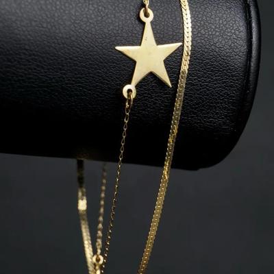 14K Gold 7" Herringbone & 6 7/8" Star Chain Link Bracelets 