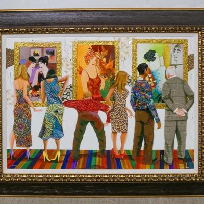 Marcus Glenn Signed & Numbered Embellished Print On Lucite “Spectators At The Tarkay Exhibition” 