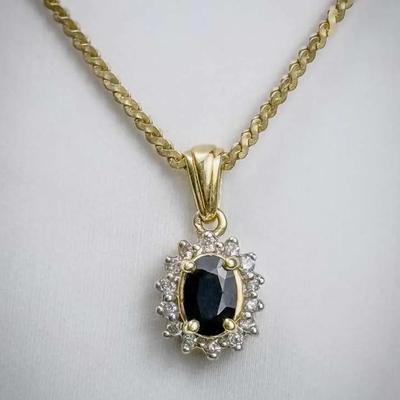10K Gold Sapphire With Diamond Halo Pendant On 15" 10K Serpentine Necklace