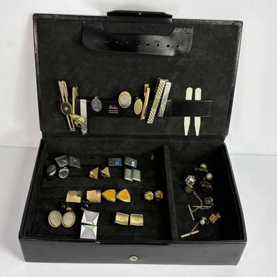 Swank & Sterling Silver Vintage Cufflinks, Tie Tacks & Bars In Sheldon Leather Jewelry Box  
