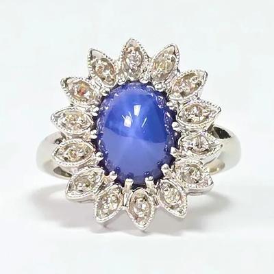 14K White Gold Star Sapphire Ring with Diamond Illusion Halo - Size 4.75