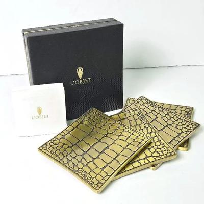 L’Objet Crocodile Antiqued Brass Coaster Set In Case