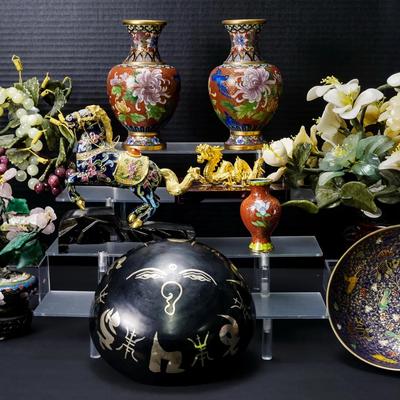Asian Jade Bonsai Trees, Cloissone Vases & Bowl, & Figurines