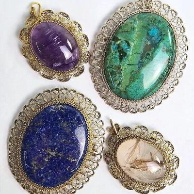 800 Silver Lapis Lazuli, Chysocolla, Amethyst, Rutilated Quartz Pendants / Brooches