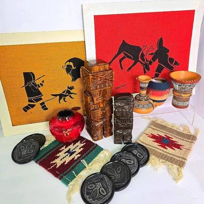 Indigenous Art: Inuit Prints On Burlap, Pottery, Carved Wood Figurines, Small Woven Mats & More