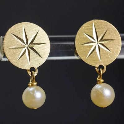 14K Gold Starburst Pearl Drop Earrings  - 5/8" Long - Lot 2