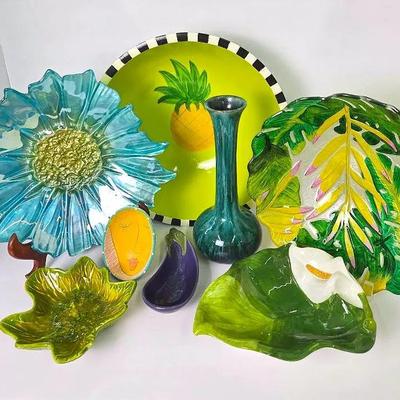 Jessie Mac Painted Wood Bowl 14” Dia, Blue Mountain Pottery Vase 11”, More Colorful Home Accents